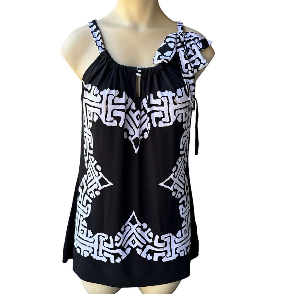 White House Black Market‎ Tank Blouse Women's Small Neck Bow Tie Geometric